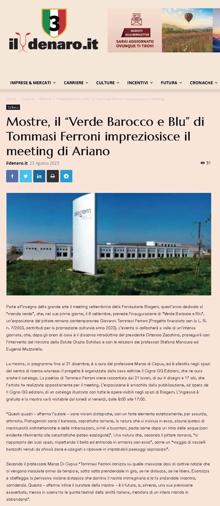 Mostre, il “Verde Barocco e Blu” di Tommasi Ferroni impreziosisce il meeting di Ariano